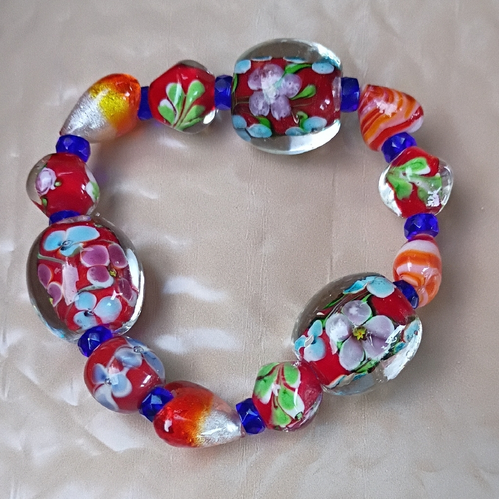 Handmade Red Floral Murano Glass Stretch Bracelet